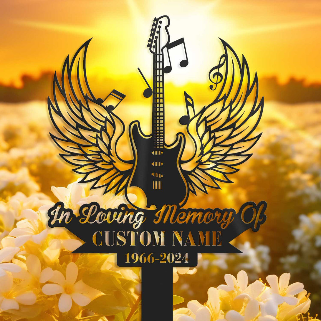 Personalized Acoustic Guitar Angel Wings Memorial Stake,grave Marker,remembrance Stake,sympathy Sign,guitarist Memoria Stake,in Memorial Of