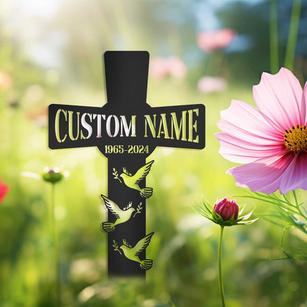 Custom Dove Heart Memorial Cross, Dad Memorial Gift, Mom Memorial Gift, Memorial Garden Stakes, Metal Yard Sign, Grave Marker Cemetery Decor