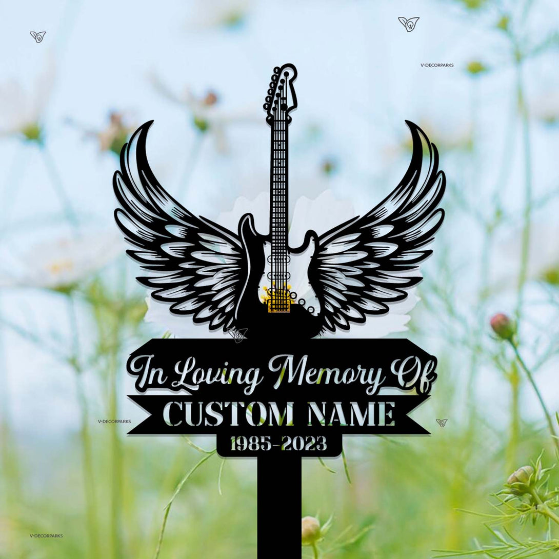 Custom Guitar Angel Wings Memorial Stake, Guitar Lover Memorial, Sympathy Sign, Grave Marker, Remembrance Stake, Personalized Guitar Metal